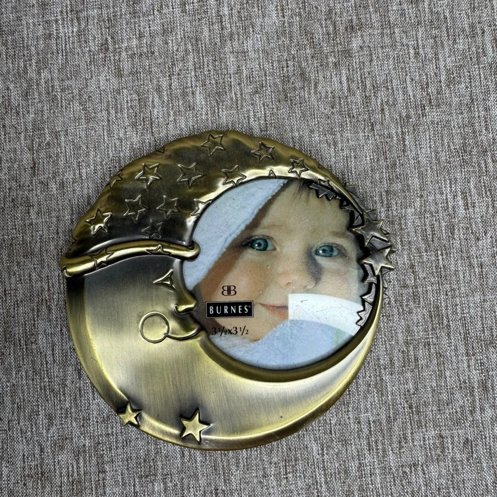 Brass Celestial Crescent Moon and Stars Metal Picture Frame 3.5x3.5